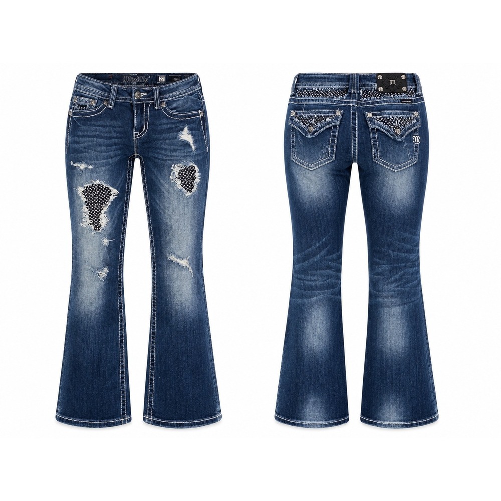 Miss Me Easy Boot JE5422ER Distressed Rhinestone Bootcut Jeans Womens 27 Blue